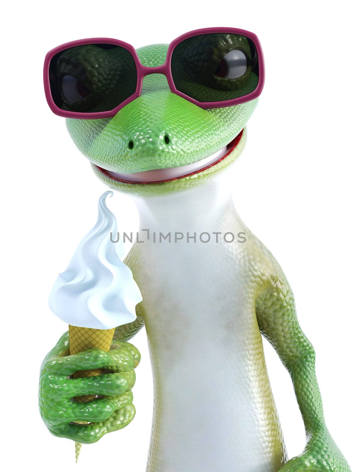 3D rendering of a cool green gecko or lizard wearing sunglasses and eating ice cream. White background.