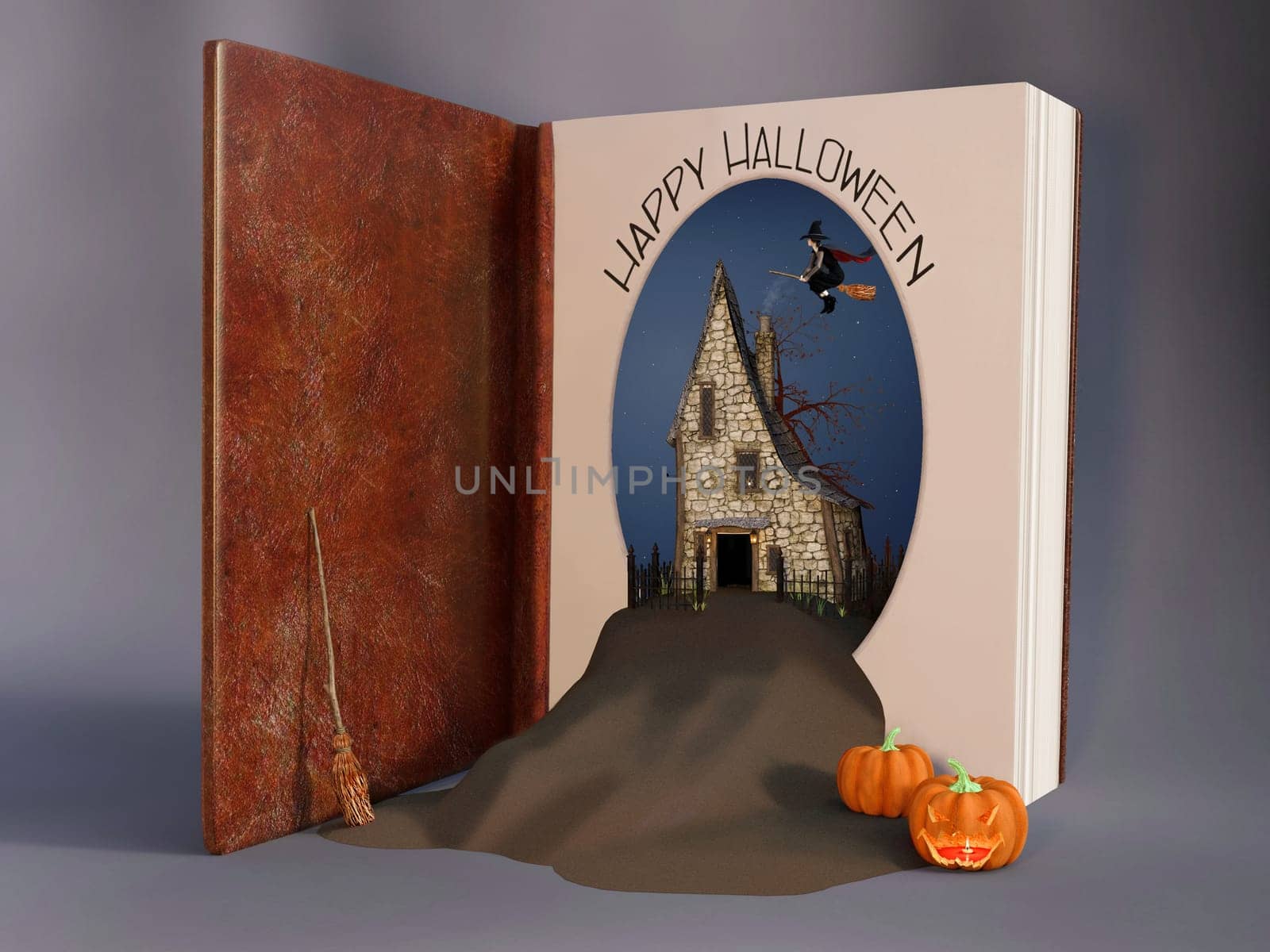 3D rendering of an open book with the words "Happy Halloween"" written. The content witch a flying witch and pumpkins are pouring out from the book."
