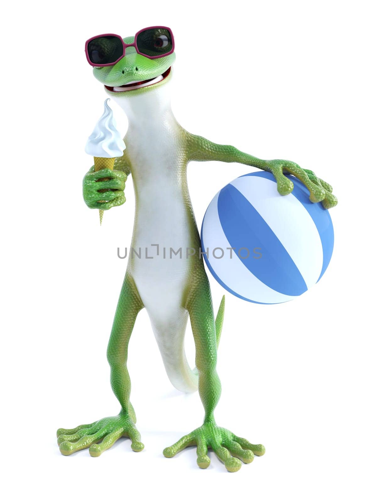 3D rendering of a cool green gecko or lizard wearing sunglasses and eating ice cream while holding a blue striped beach ball. White background.