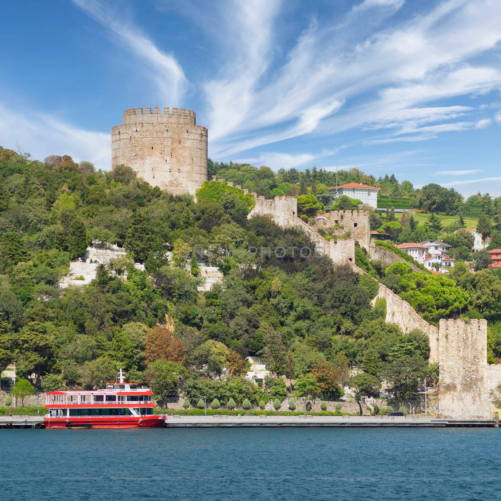 Ruins of Rumelihisari, Bogazkesen Castle, or Rumelian Castle, in a summer day, located at the hills of the European side of Bosphorus Strait, Istanbul, Turkey, built by Ottoman Sultan Mehmet II