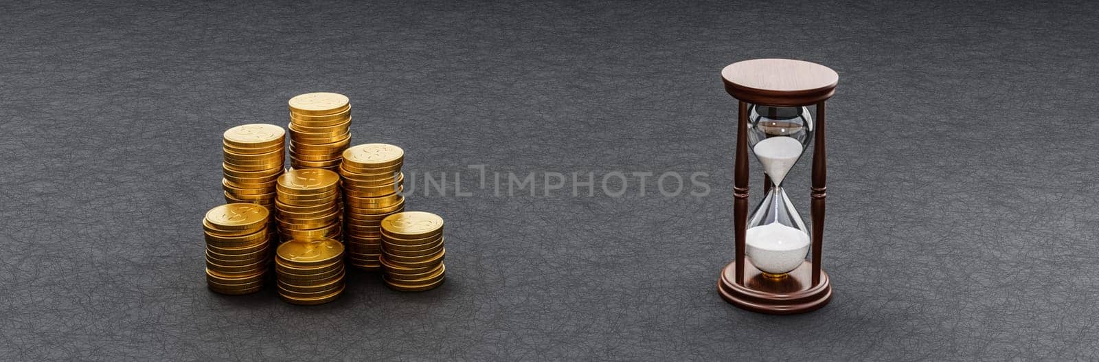 Heaps of Coins and Hourglass on Dark Background 3D Render Illustration, Money and Time Comparison Concept