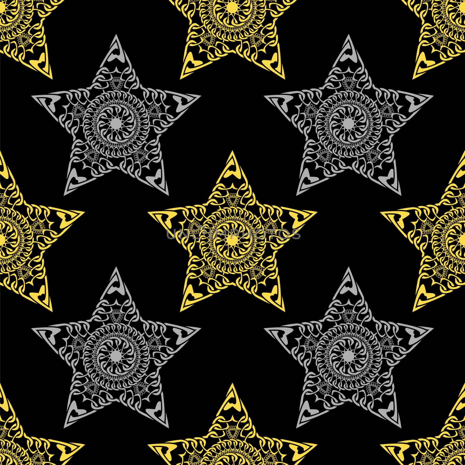 Gold and silver star seamless pattern with hand drawn chain. Perfect for wallpapers, web page backgrounds, surface textures, textile. Isolated on black background.