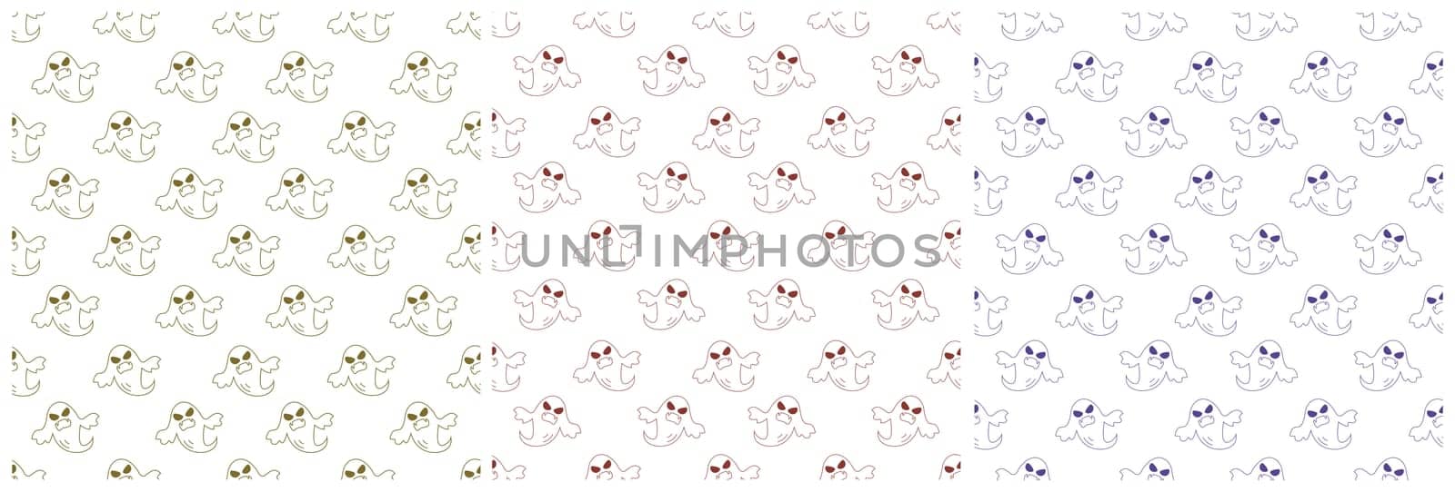 Set of Halloween Seamless Pattern Design With Witch, Haunted House, Pumpkins or Bats in Template Hand Drawn Cartoon Flat Illustration