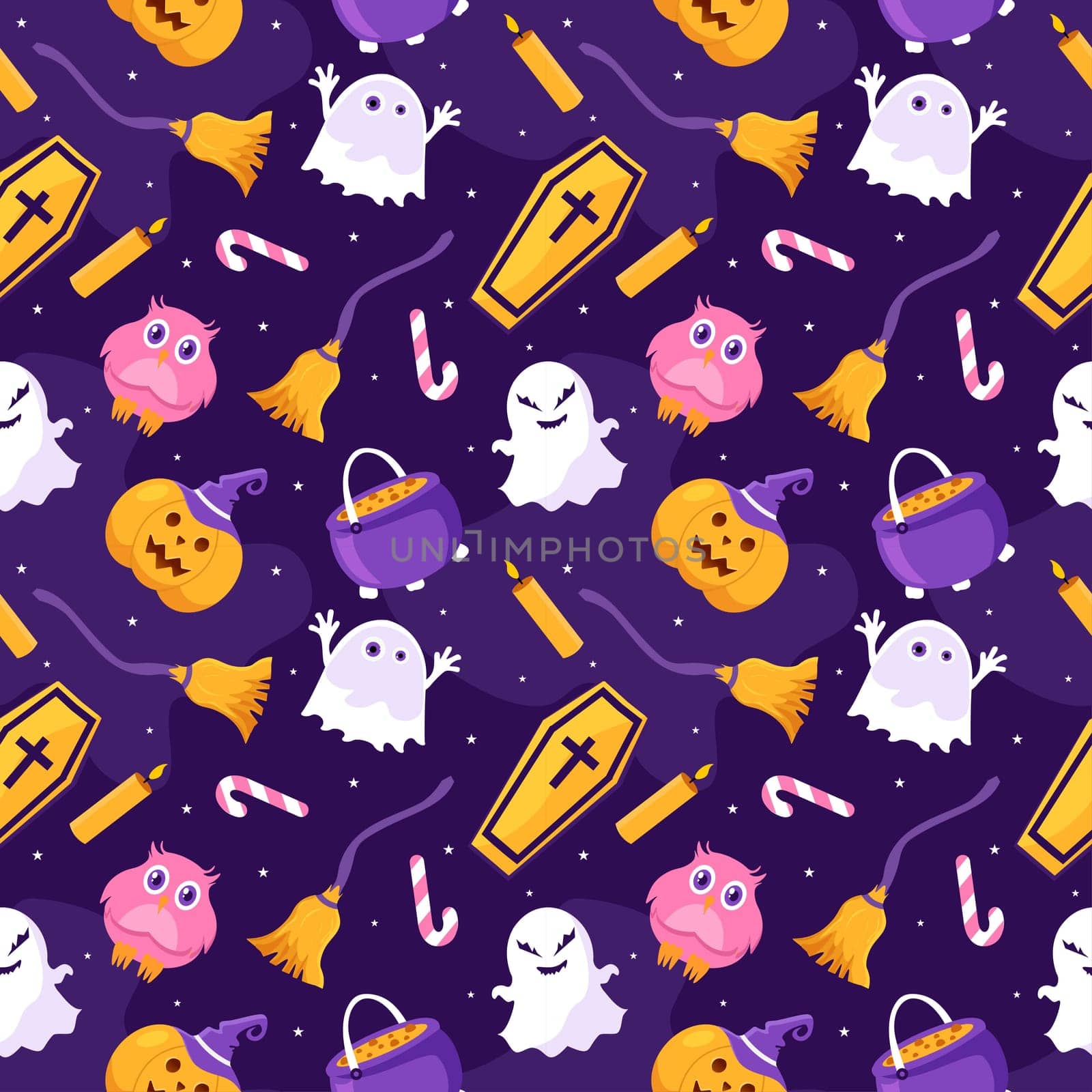 Halloween Seamless Pattern Design With Witch, Haunted House, Pumpkins or Bats in Template Hand Drawn Cartoon Flat Illustration