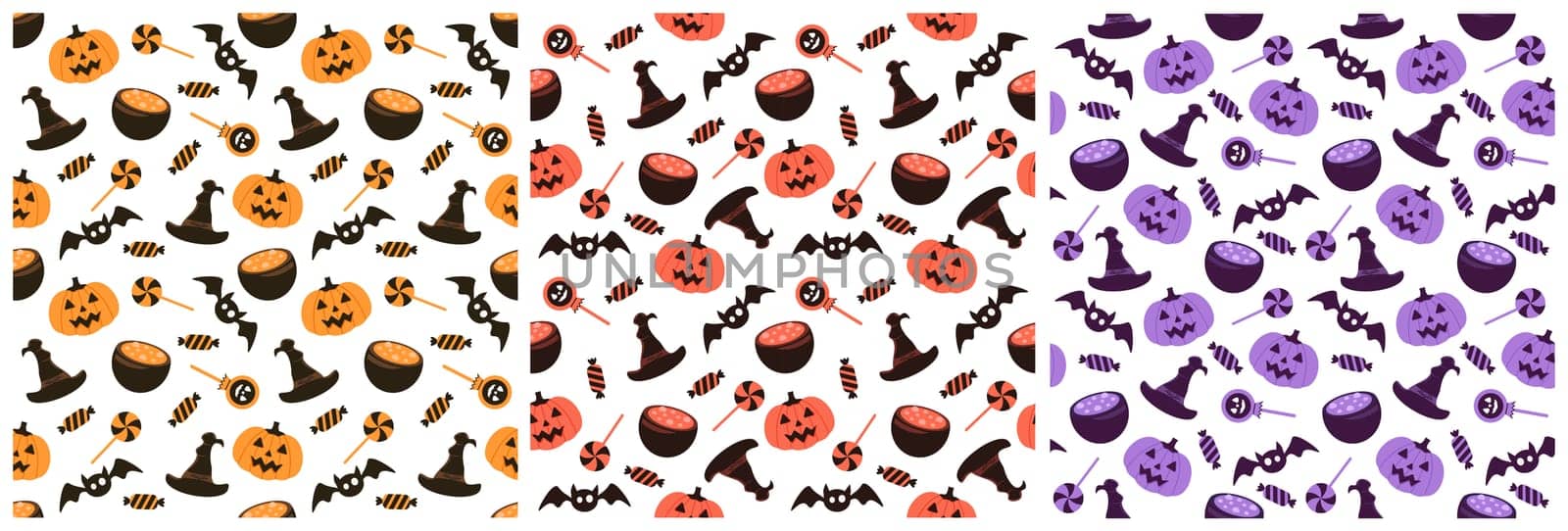 Set of Halloween Seamless Pattern Design With Witch, Haunted House, Pumpkins or Bats in Template Hand Drawn Cartoon Flat Illustration