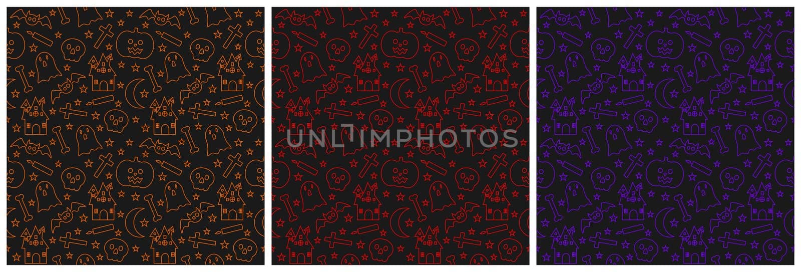 Set of Halloween Seamless Pattern Design With Witch, Haunted House, Pumpkins or Bats in Template Hand Drawn Cartoon Flat Illustration