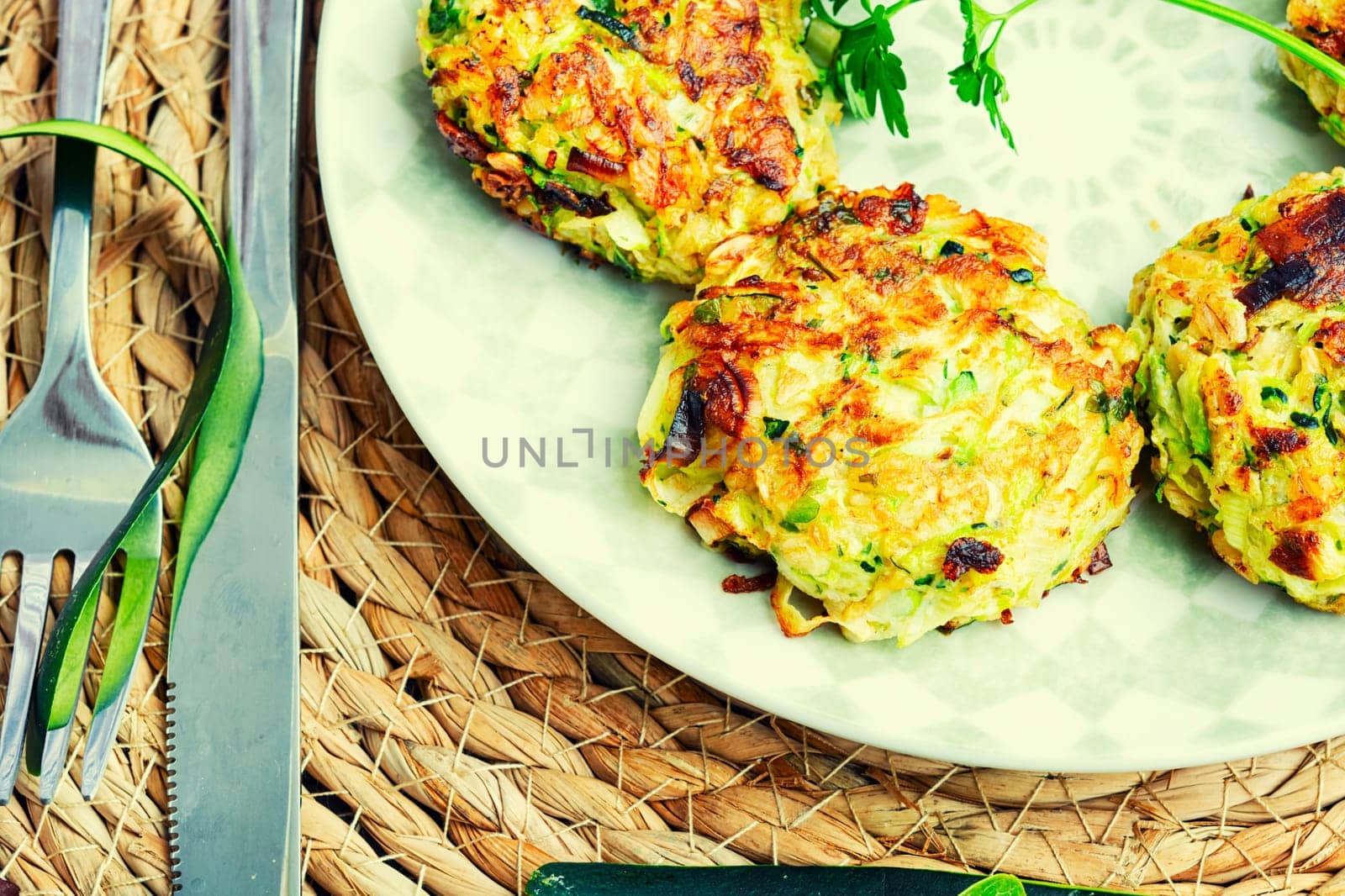 Vegan cutlets from zucchini, oatmeal and greens.