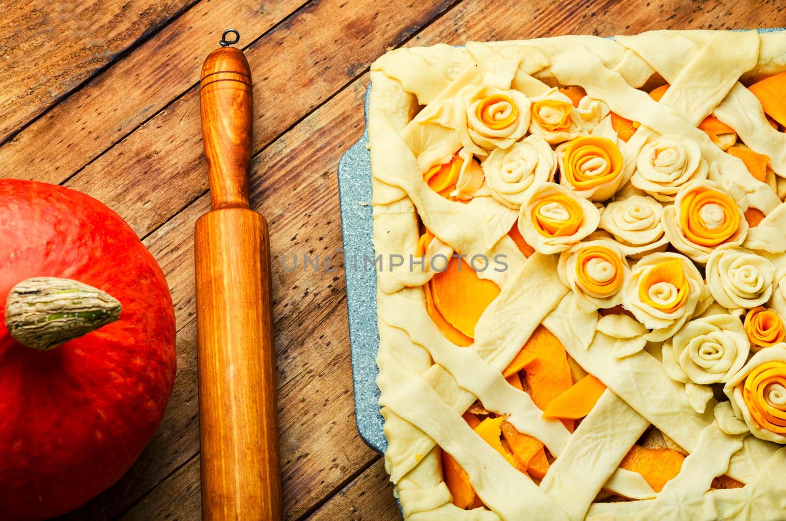 Cooking fresh pumpkin pie, autumn pie.Making pumpkin pie