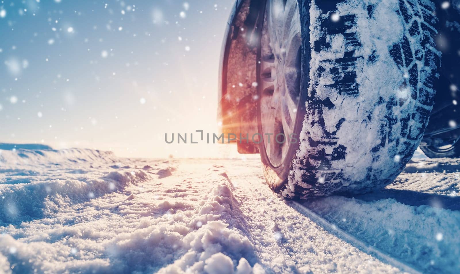 Closeup view of the car's wheel on the snowy road in natural park. Beautiful winter view.