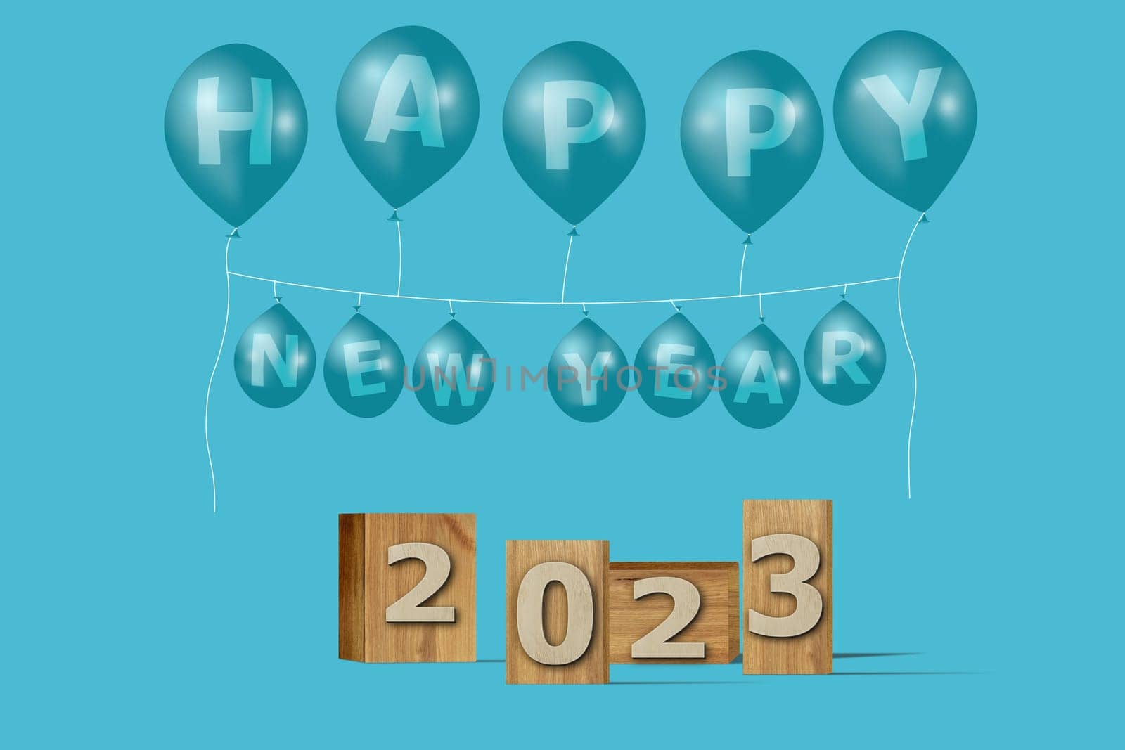 3D illustration New Year concept 2023 design with text on the wooden box and balloons on a blue atoll color background.
