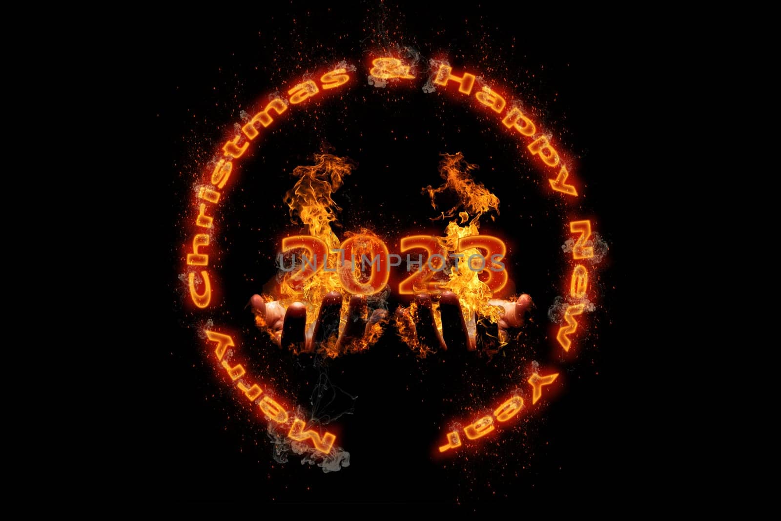 3D illustration New Year concept 2023 design with text fire design on the fire was burning hands.