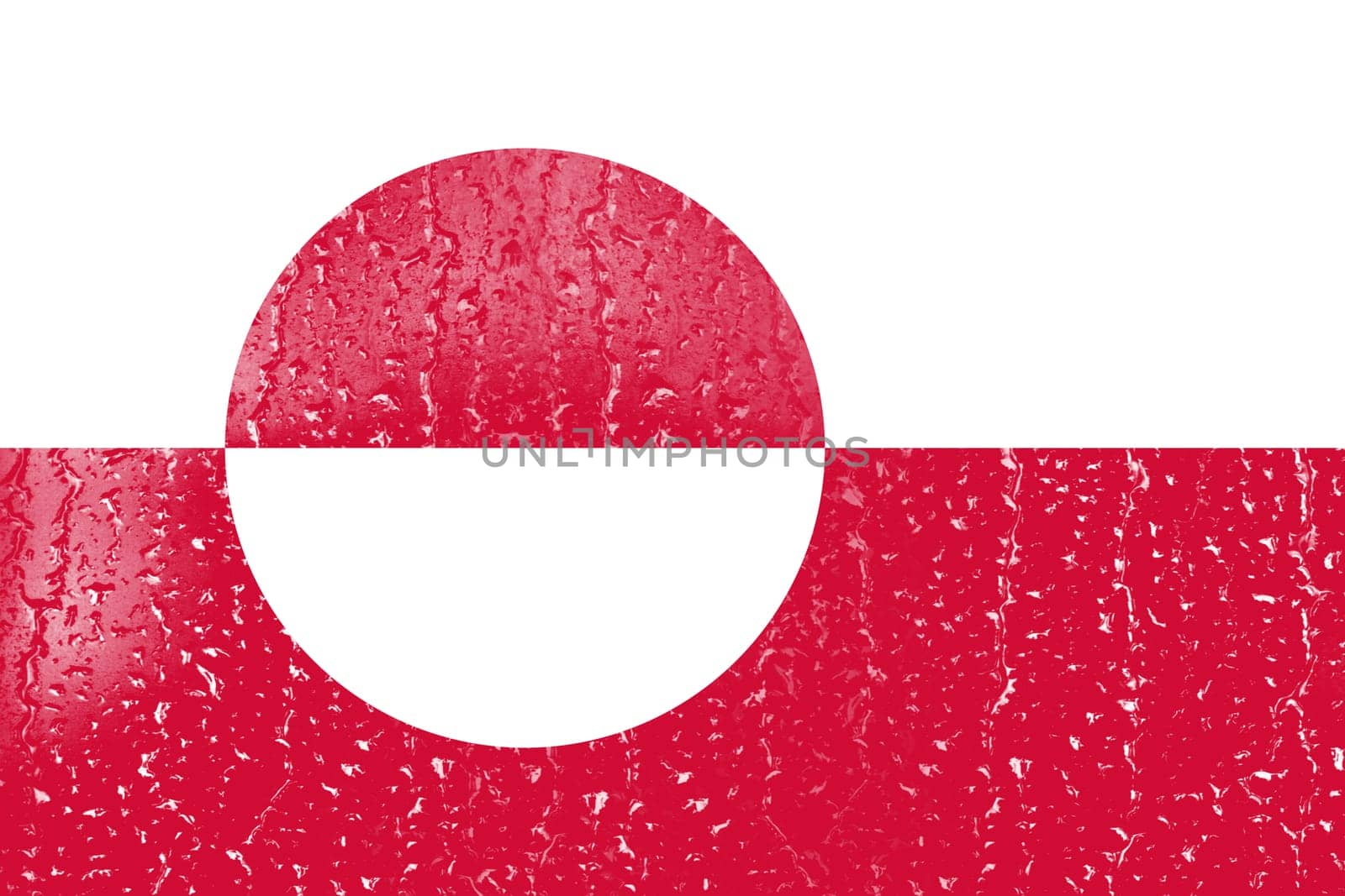 3D Flag of Greenland on a glass with water drop background.