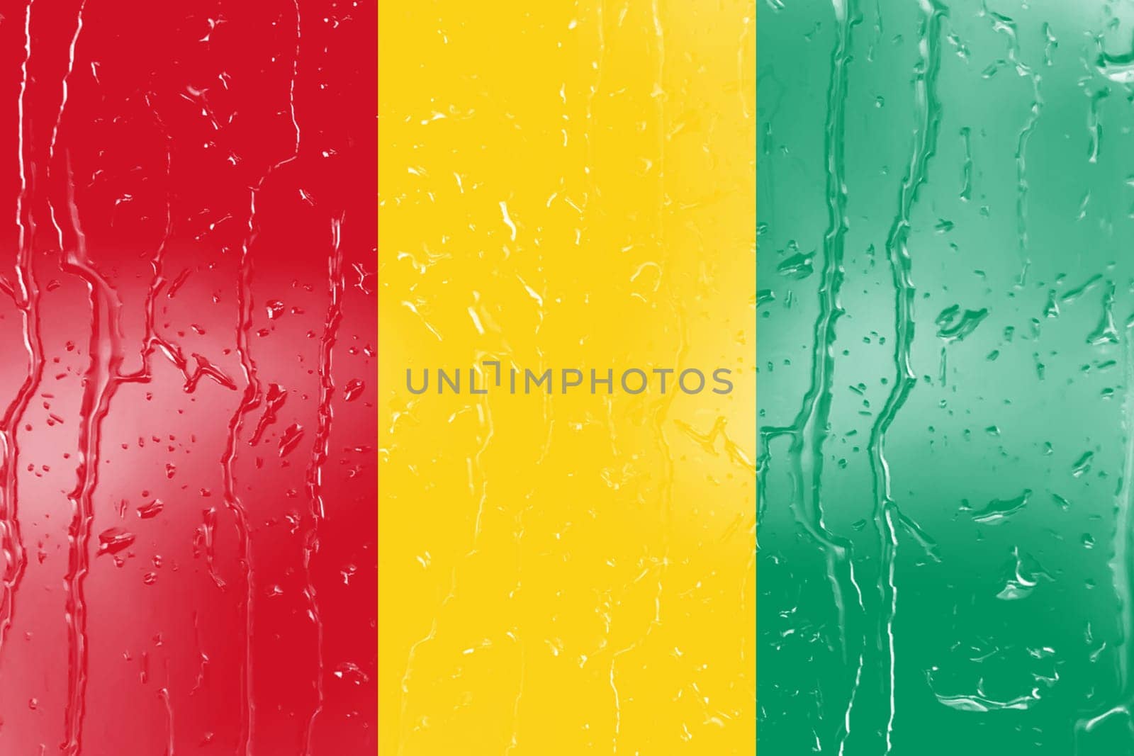 3D Flag of Guinea on a glass with water drop background.