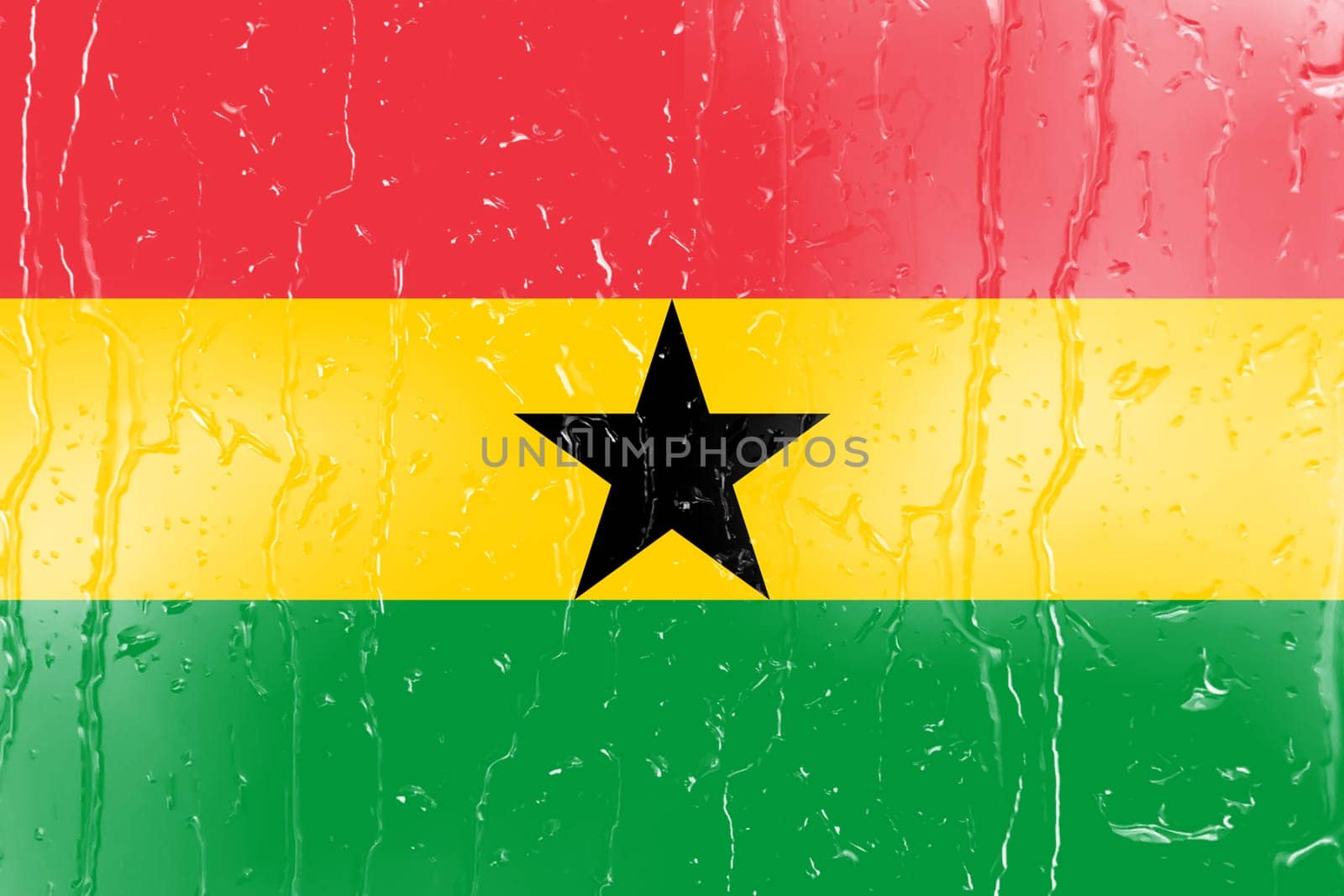 3D Flag of Ghana on a glass with water drop background.