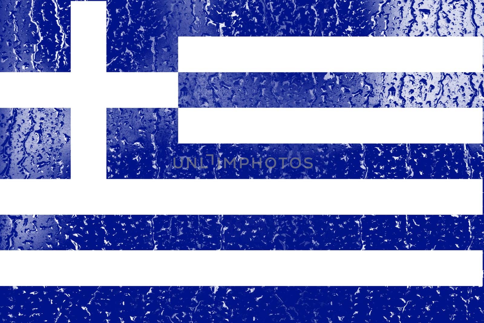 3D Flag of Greece on a glass with water drop background.