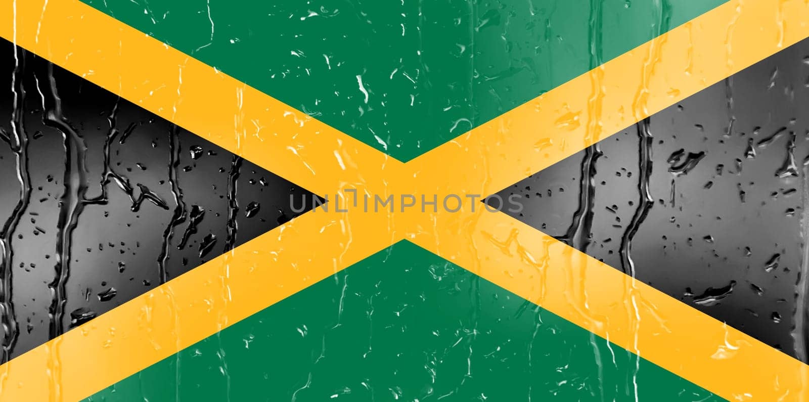 3D Flag of Jamaica on a glass with water drop background.