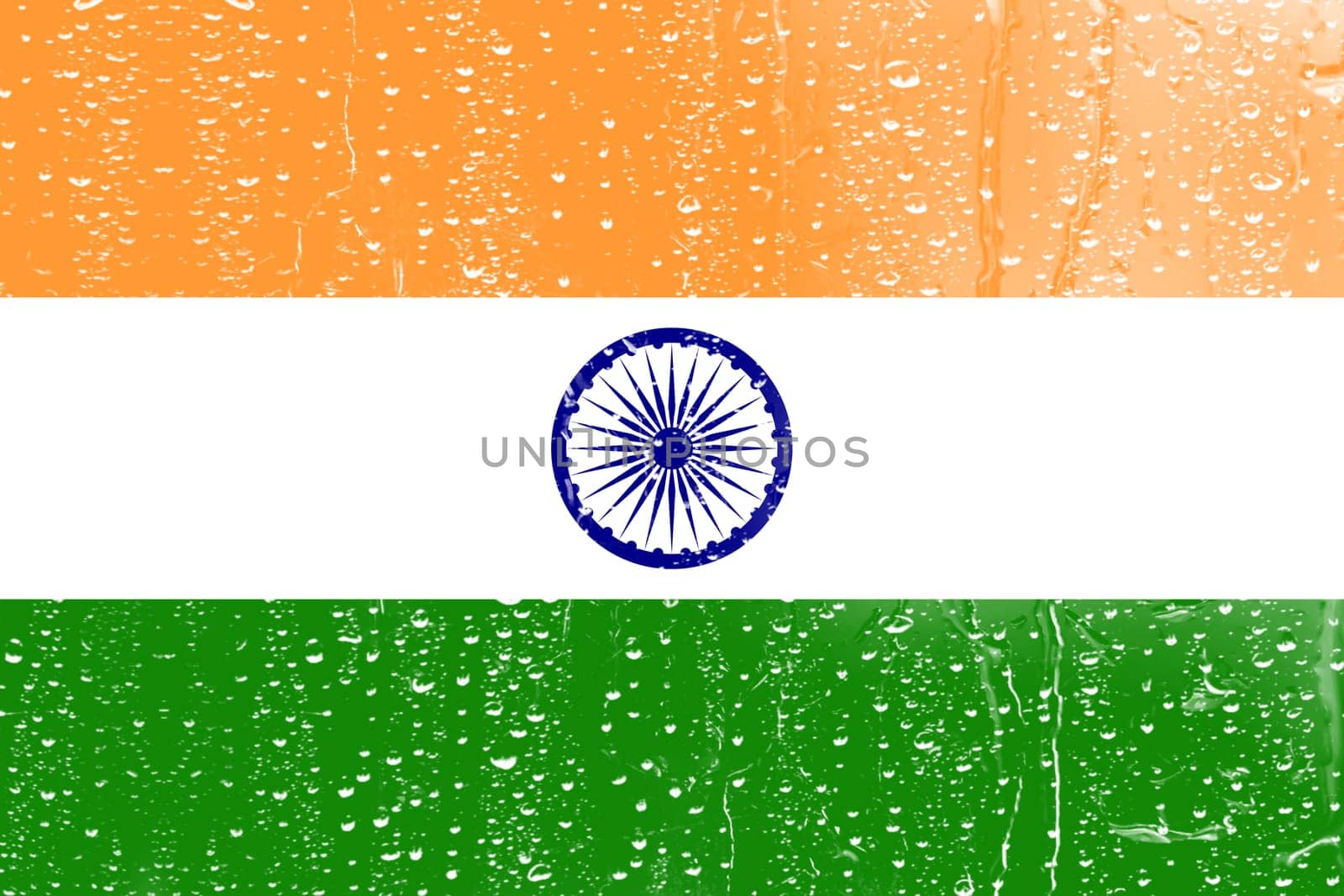 3D Flag of India on a glass with water drop background.
