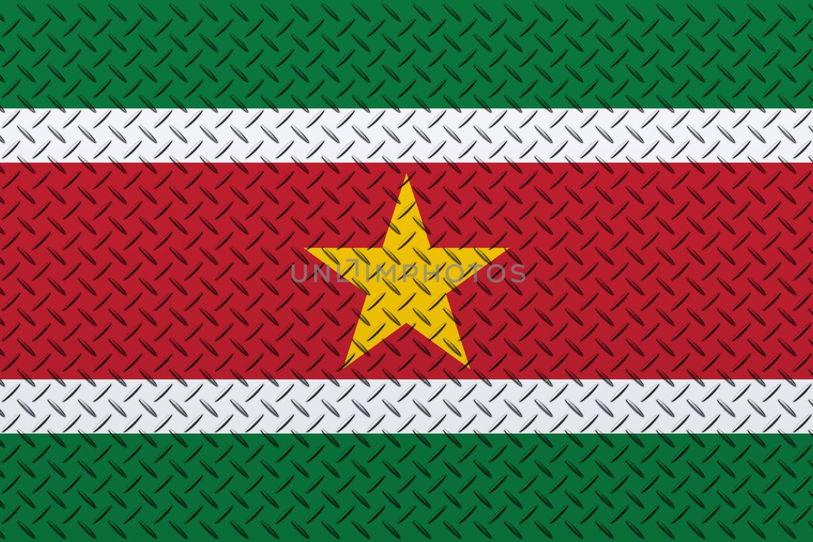 3D Flag of Suriname on a metal wall background.