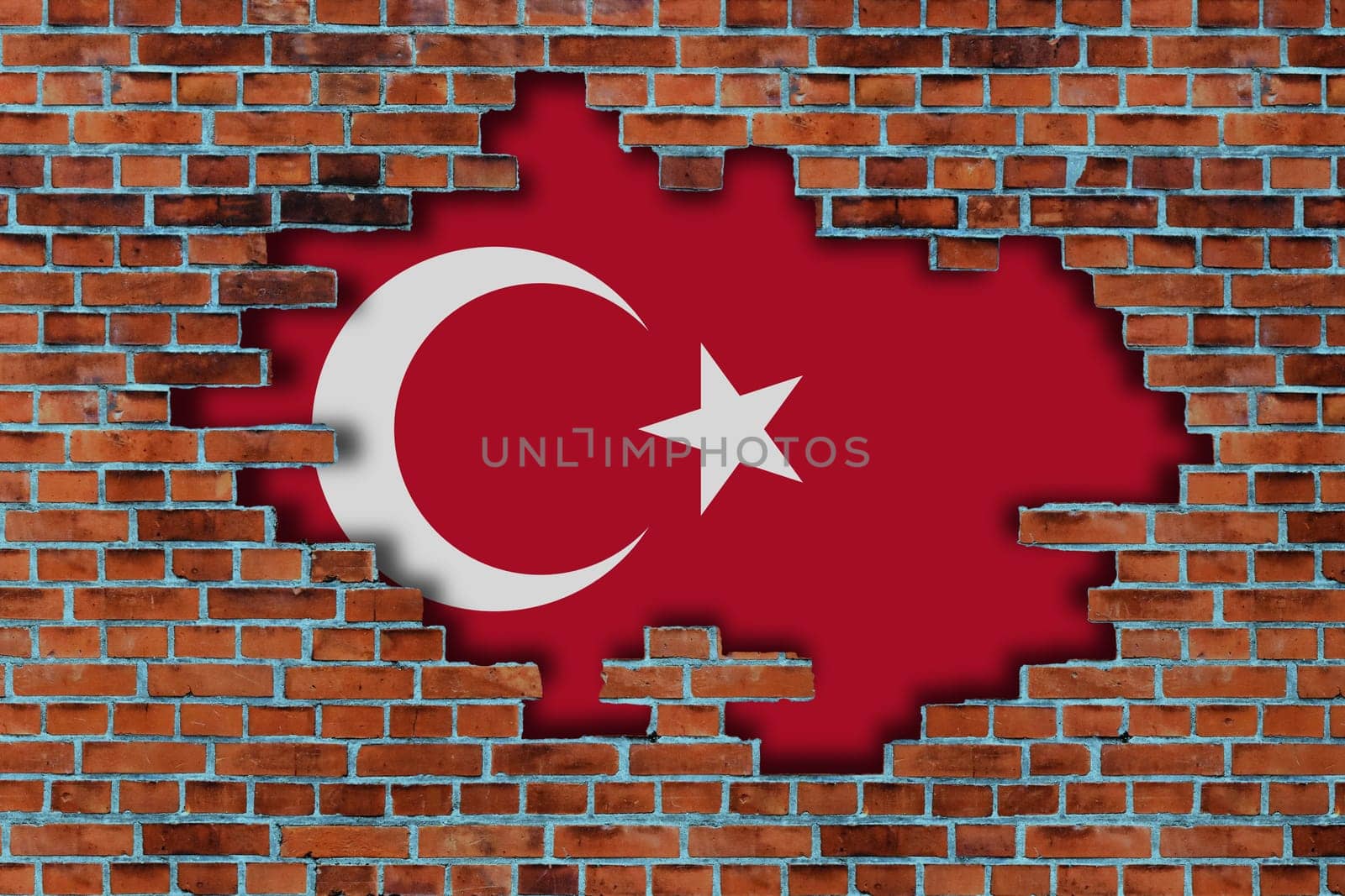 3D Flag of Turkiye behind the broken old stone wall background.