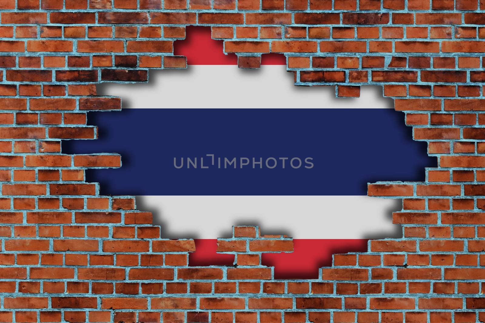 3D Flag of Thailand behind the broken old stone wall background.