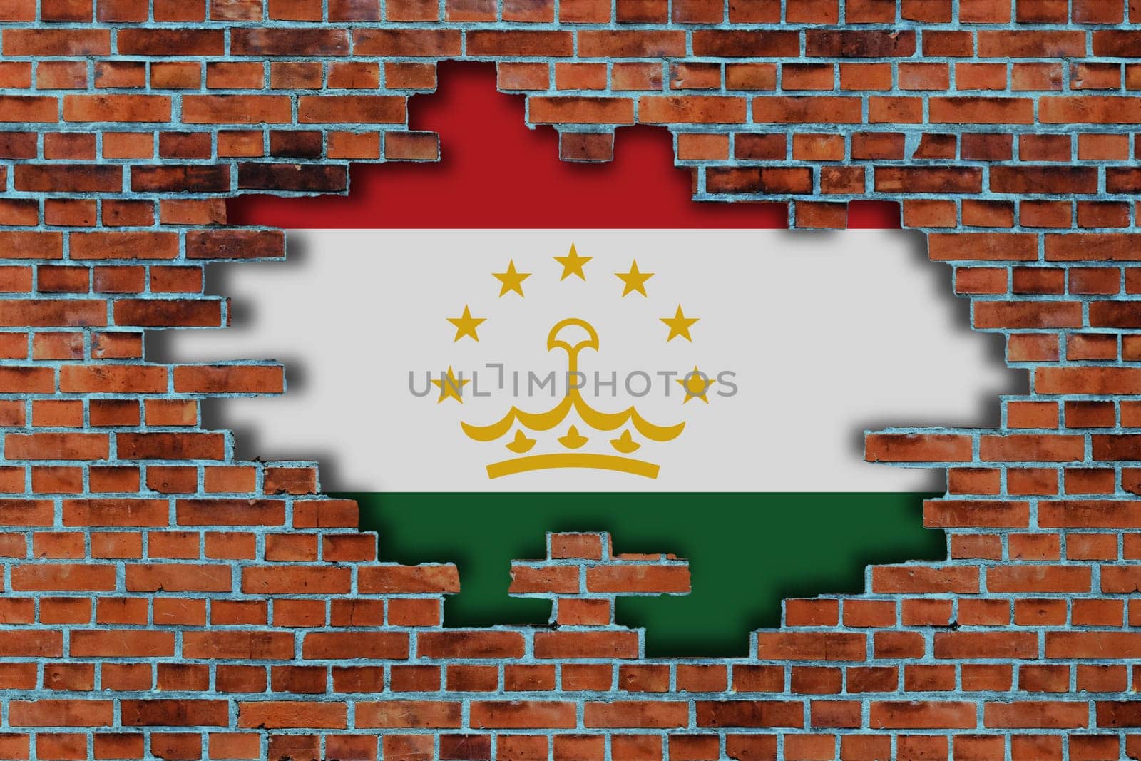 3D Flag of Tajikistan behind the broken old stone wall background.