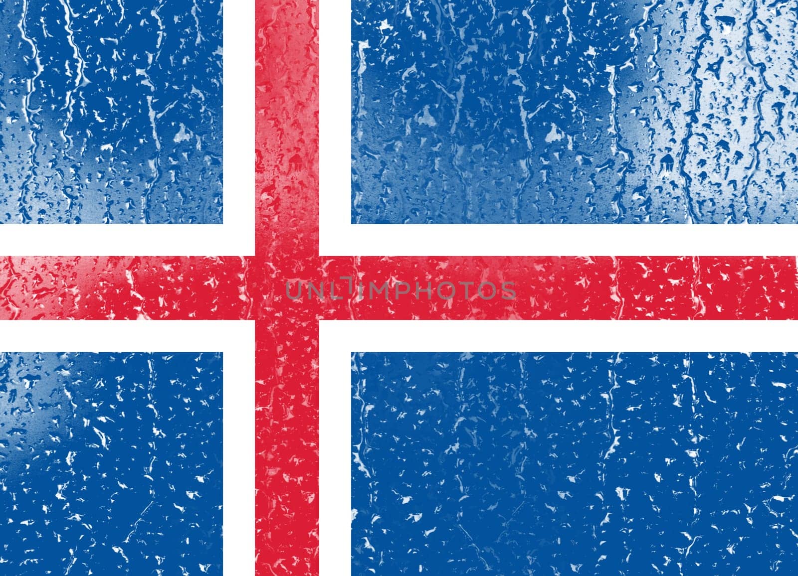 3D Flag of Iceland on a glass with water drop background.