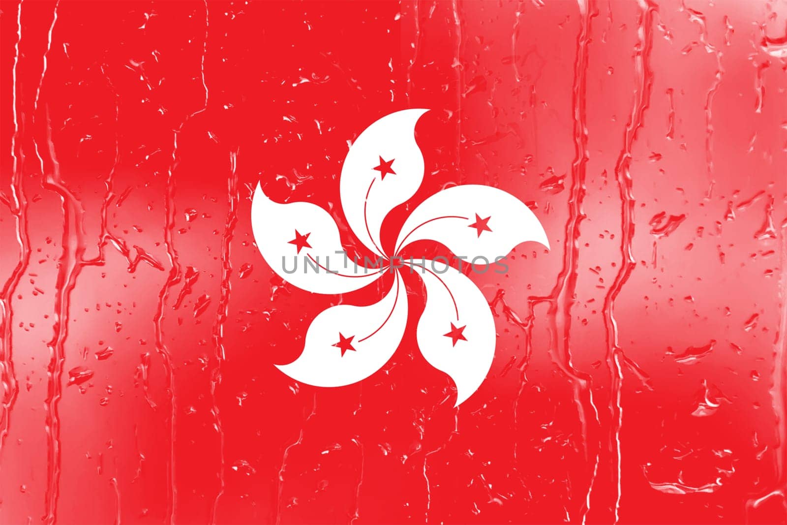 3D Flag of Hong Kong on a glass with water drop background.