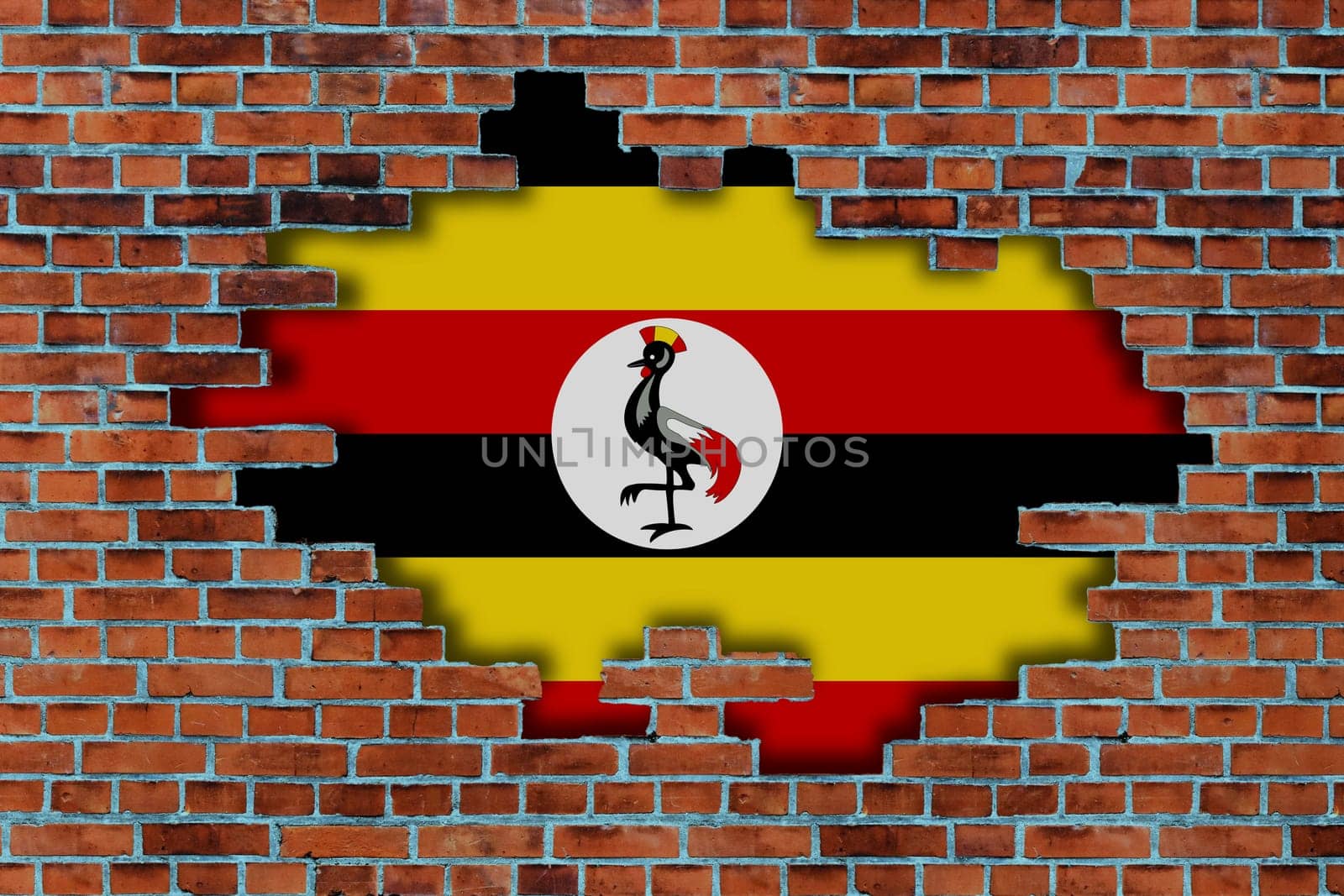 3D Flag of Uganda behind the broken old stone wall background.