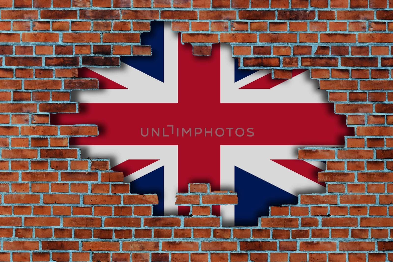 3D Flag of United Kingdom behind the broken old stone wall background.
