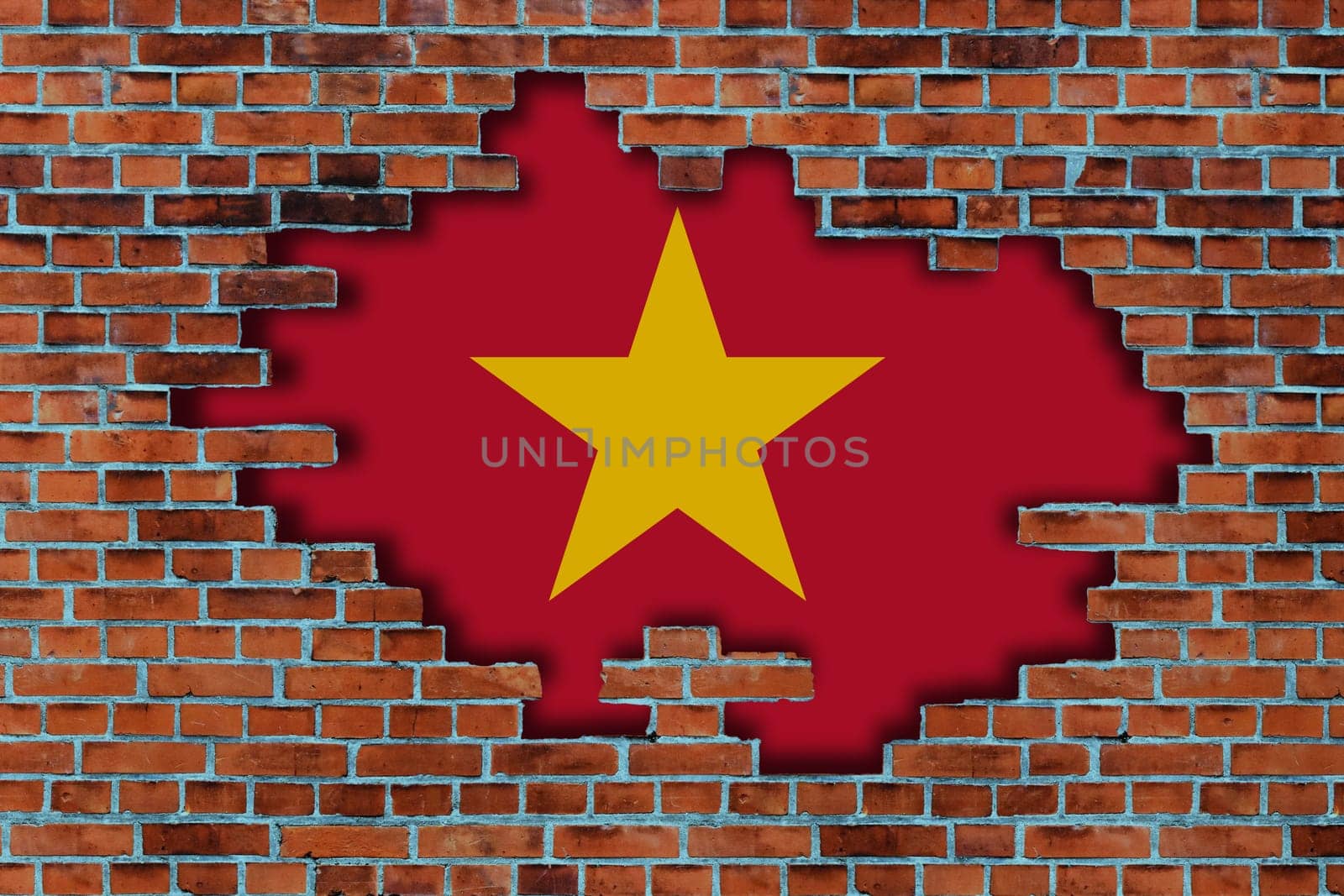 3D Flag of Vietnam behind the broken old stone wall background.