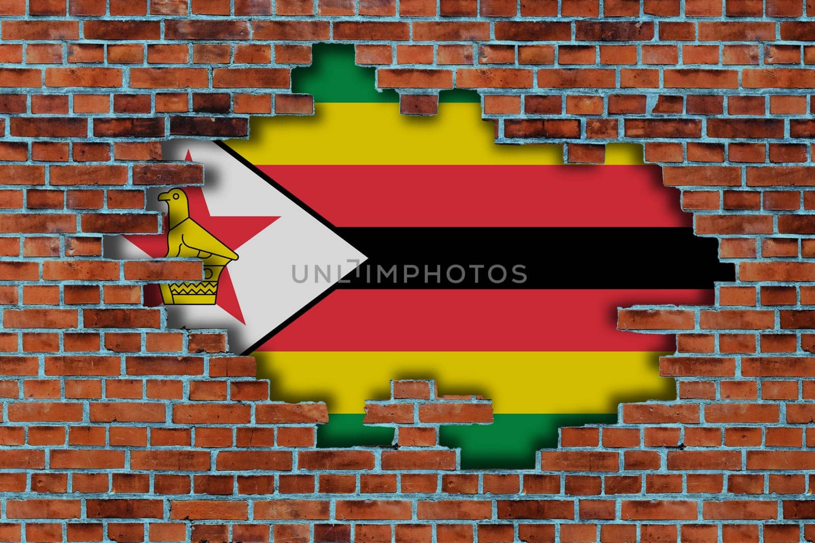 3D Flag of Zimbabwe behind the broken old stone wall background.