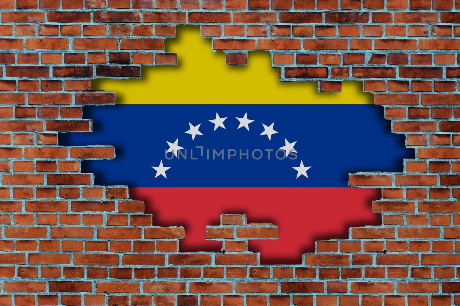 3D Flag of Venezuela behind the broken old stone wall background.