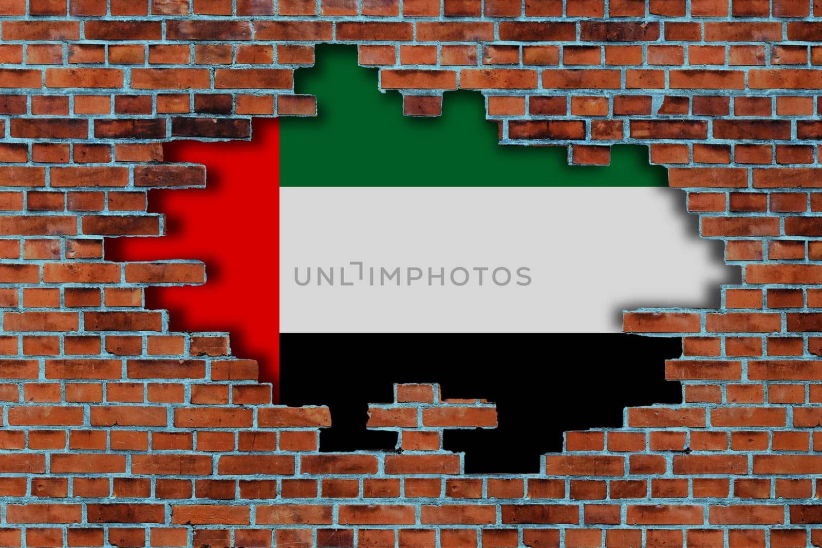 3D Flag of United Arab Emirates behind the broken old stone wall background.