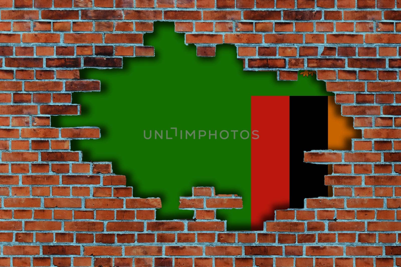 3D Flag of Zambia behind the broken old stone wall background.