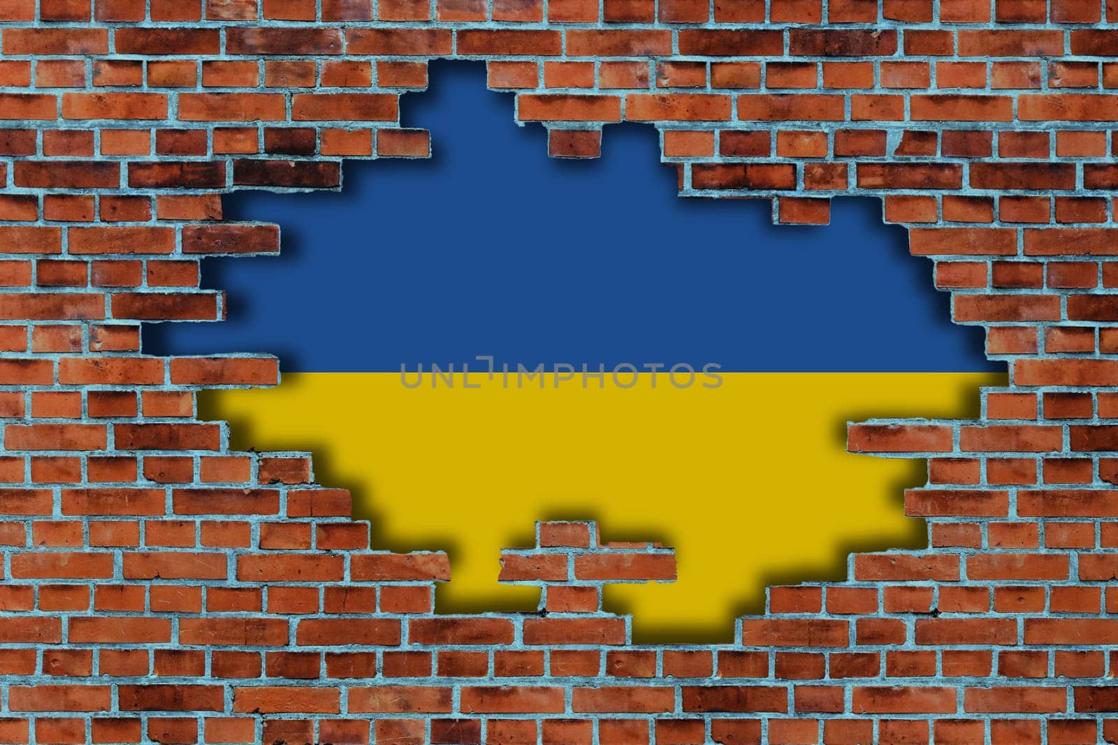 3D Flag of Ukraine behind the broken old stone wall background.