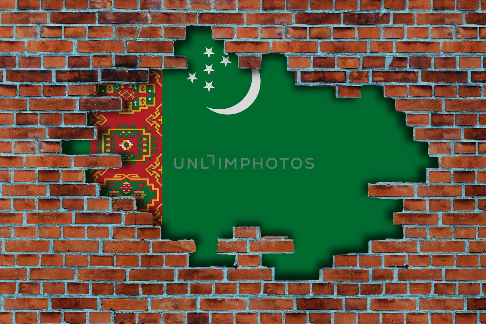 3D Flag of Turkmenistan behind the broken old stone wall background.