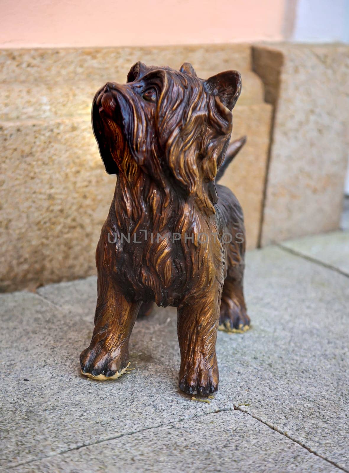A wooden dog figure stands in front of a house on the sidewalk.