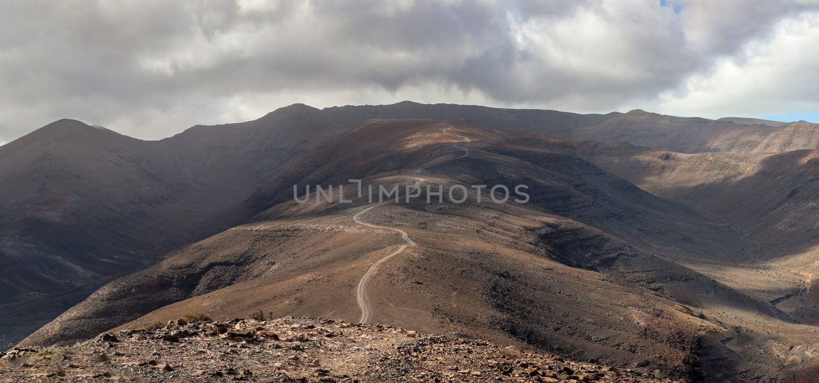 View over a landscape formed by volcanoes on Fuerteventura.