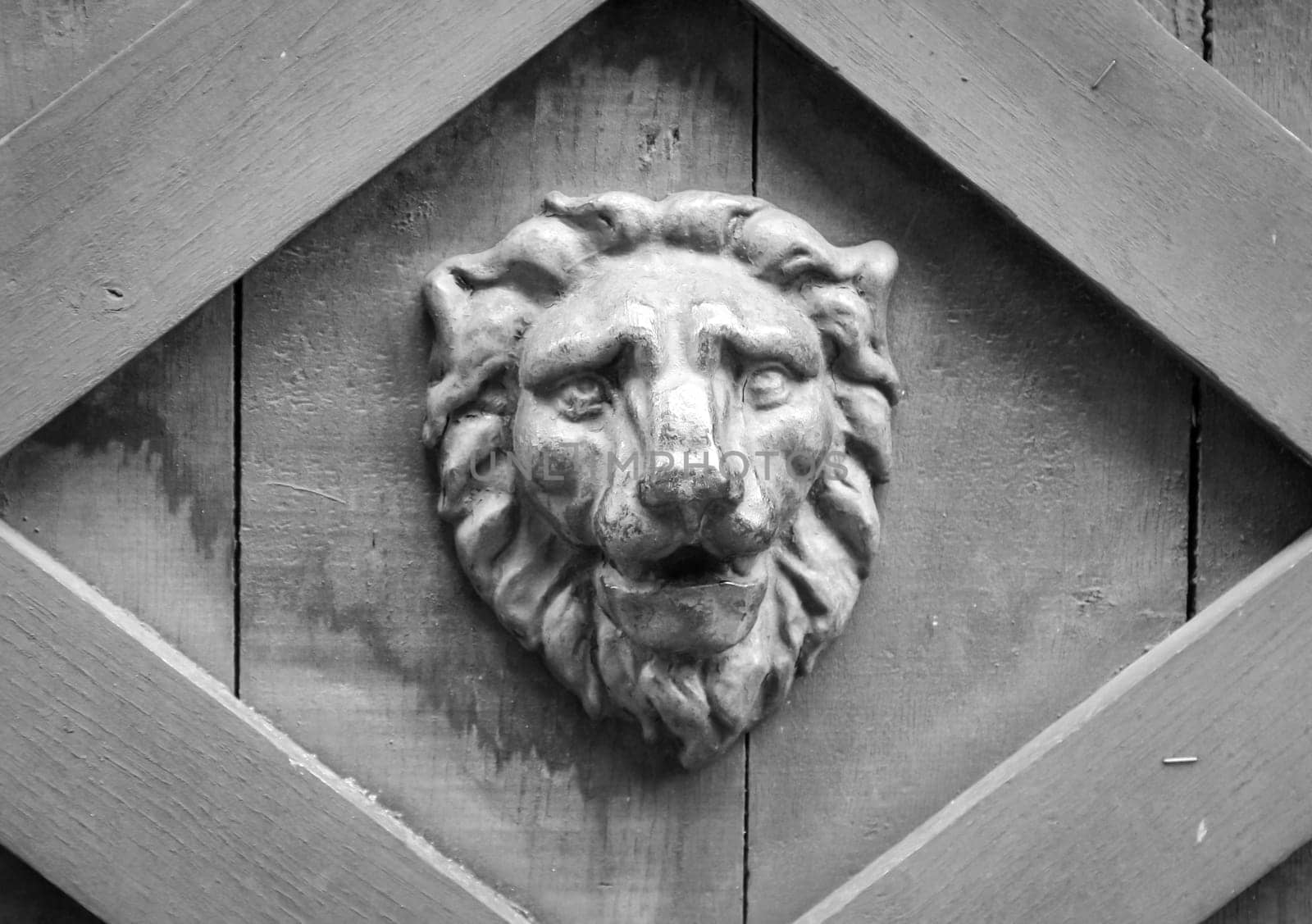 A lion head made of wood as a relief on a wooden gate.