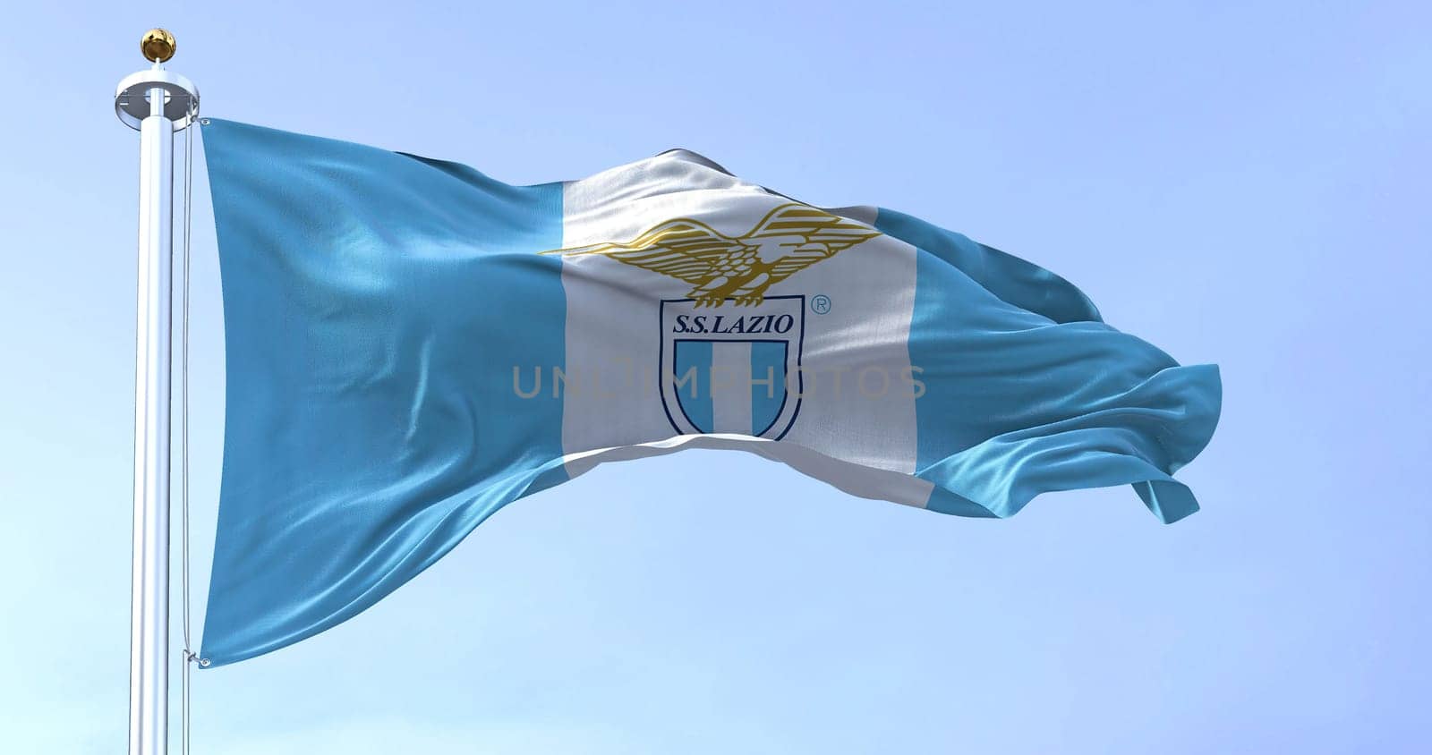 Rome, Italy, July 2022: Close up of the flag of SS Lazio waving. SS Lazio is a professional football club based in Rome. Fabric textured background. Selective focus