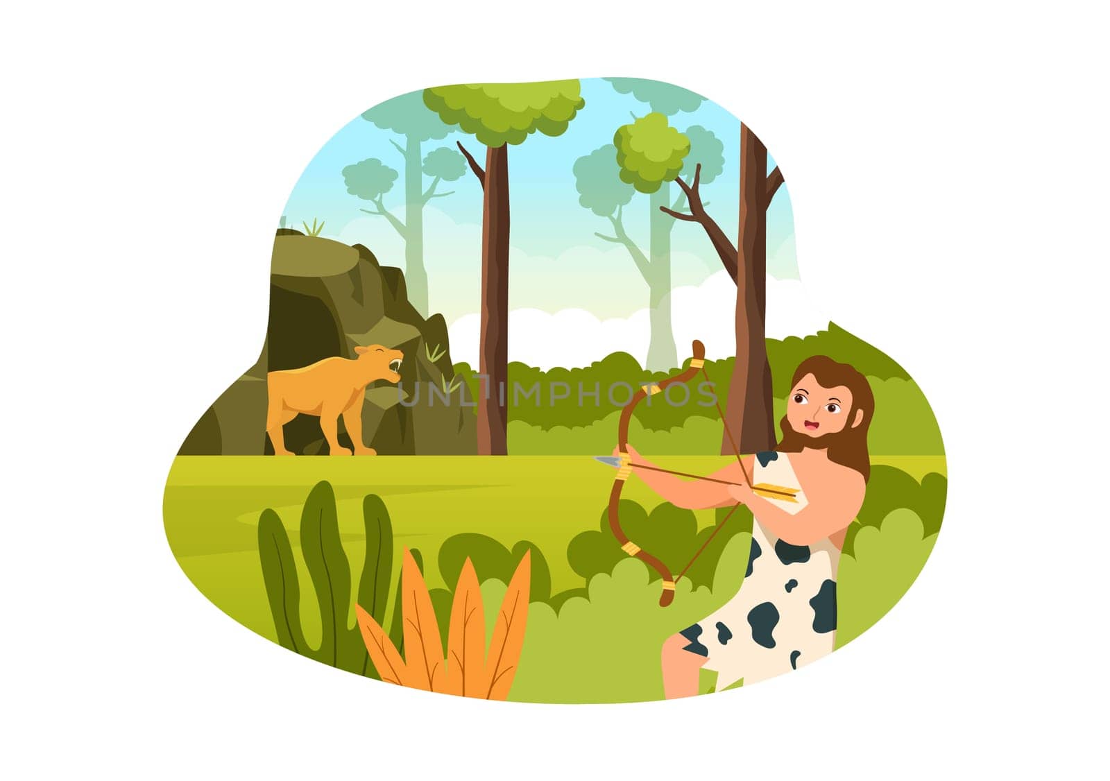 Prehistoric Stone Age Tribes Hunting Large Animals with Weapon in Flat Cartoon Hand Drawing Template Illustration