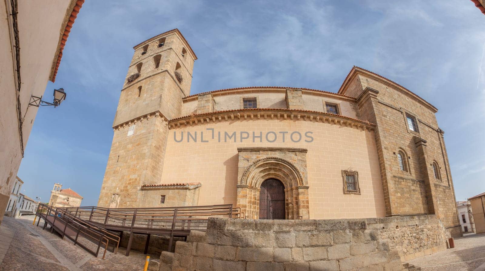 Church of Santa Maria de Almocovar, Alcantara, Caceres, Extremadura, Spain. Wide angle view