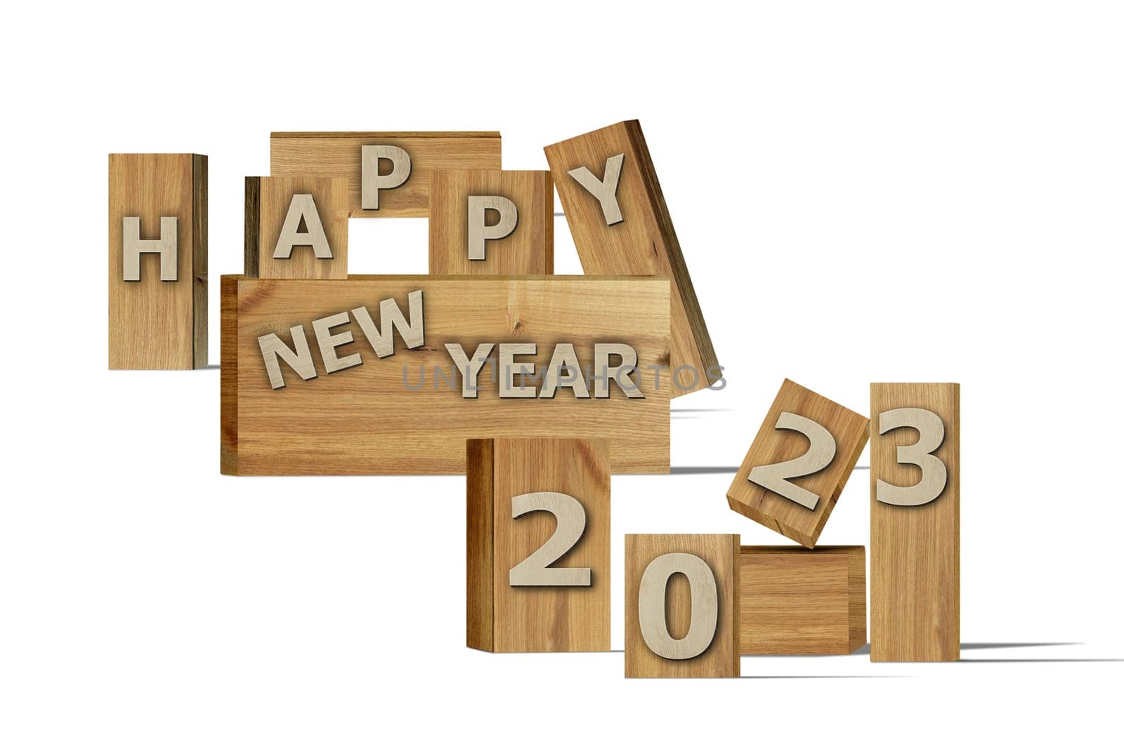 3D illustration New Year concept 2023 design with text on the wooden box on a white color background.