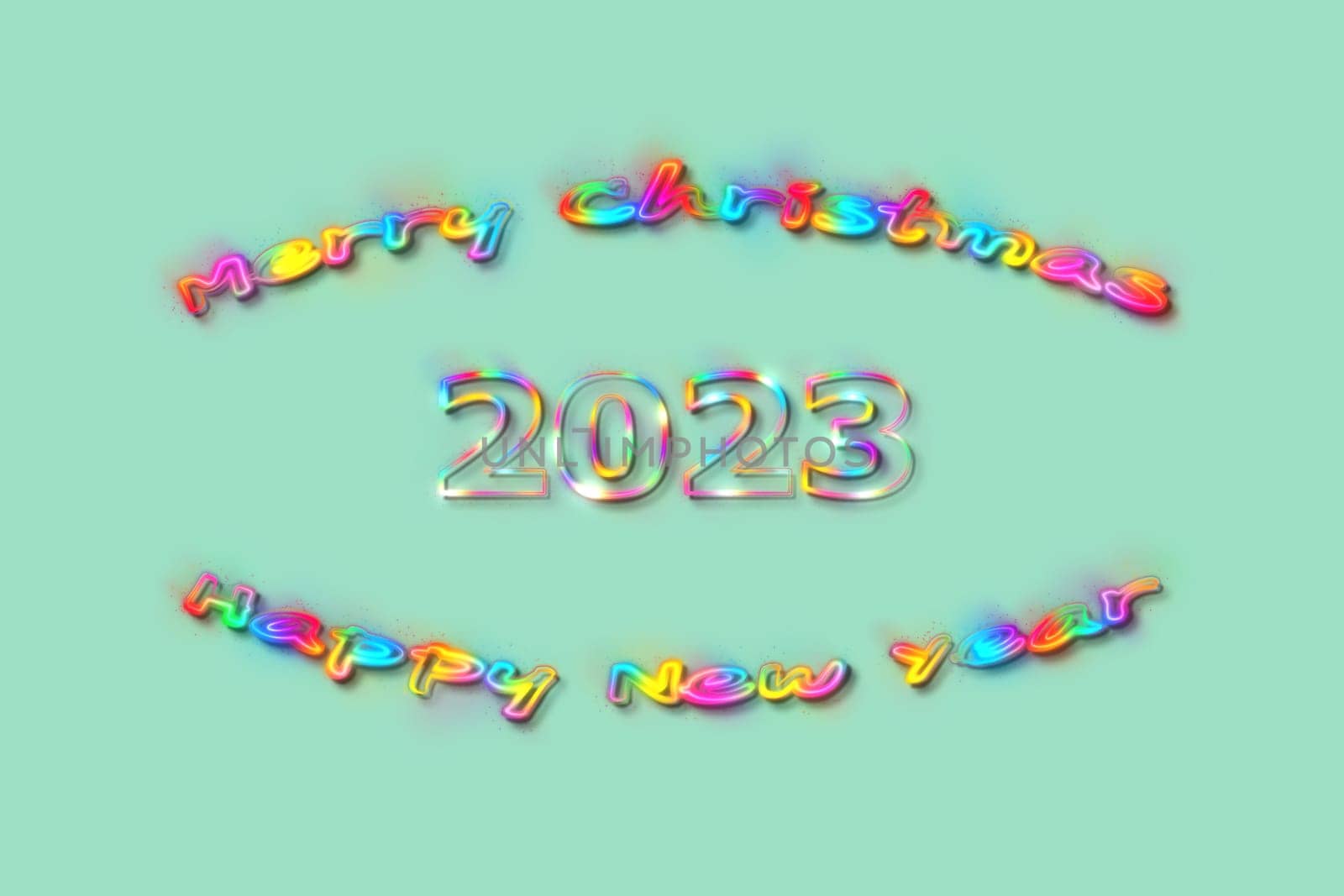 3D illustration New Year concept 2023 design with text glow rainbow design on a beach glass color background.