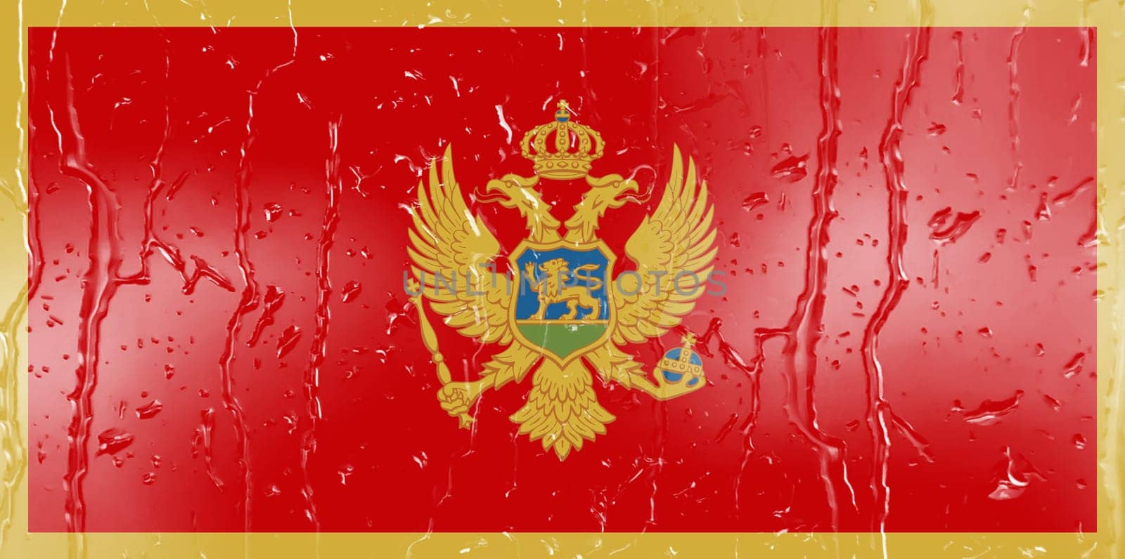 3D Flag of Montenegro on a glass with water drop background.