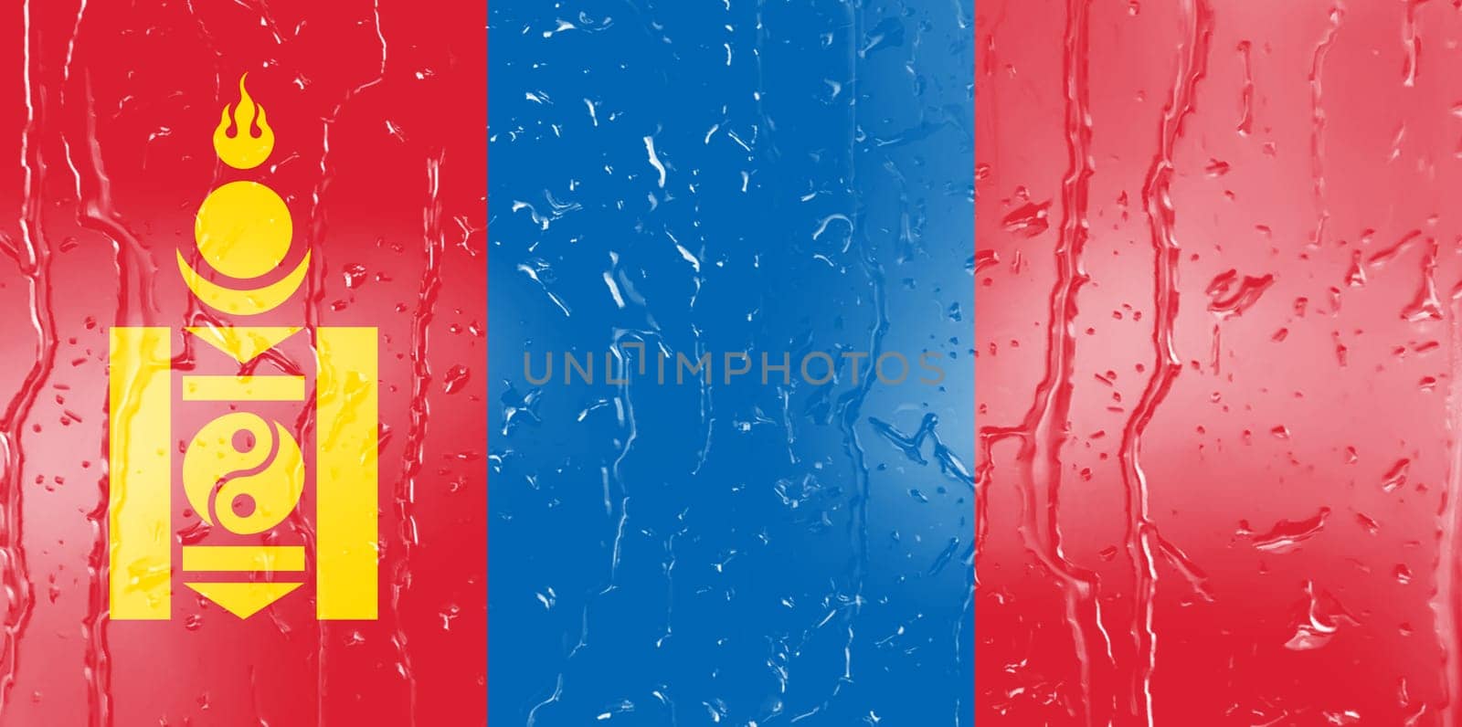3D Flag of Mongolia on a glass with water drop background.