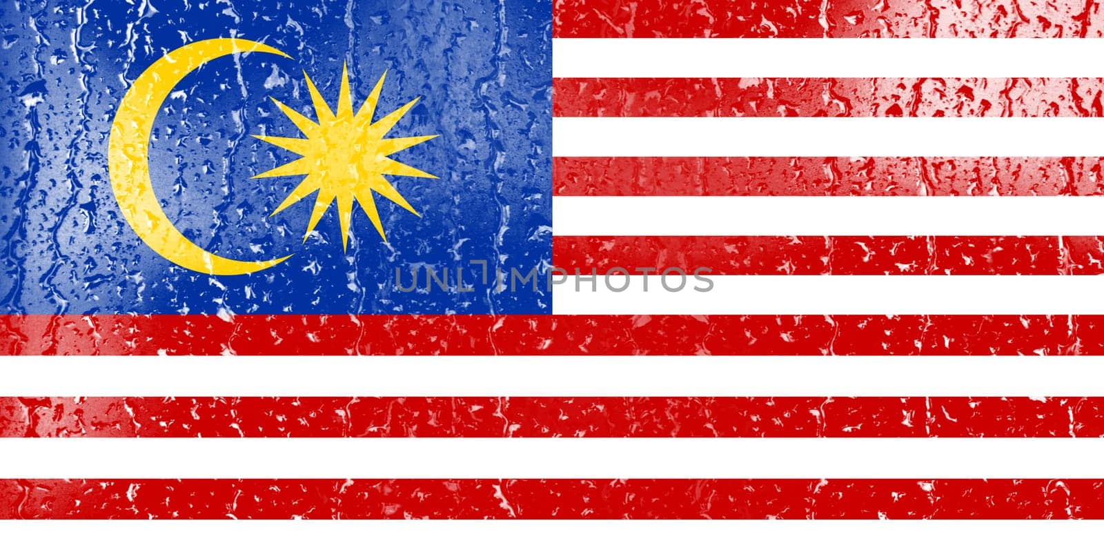 3D Flag of Malaysia on a glass with water drop background.