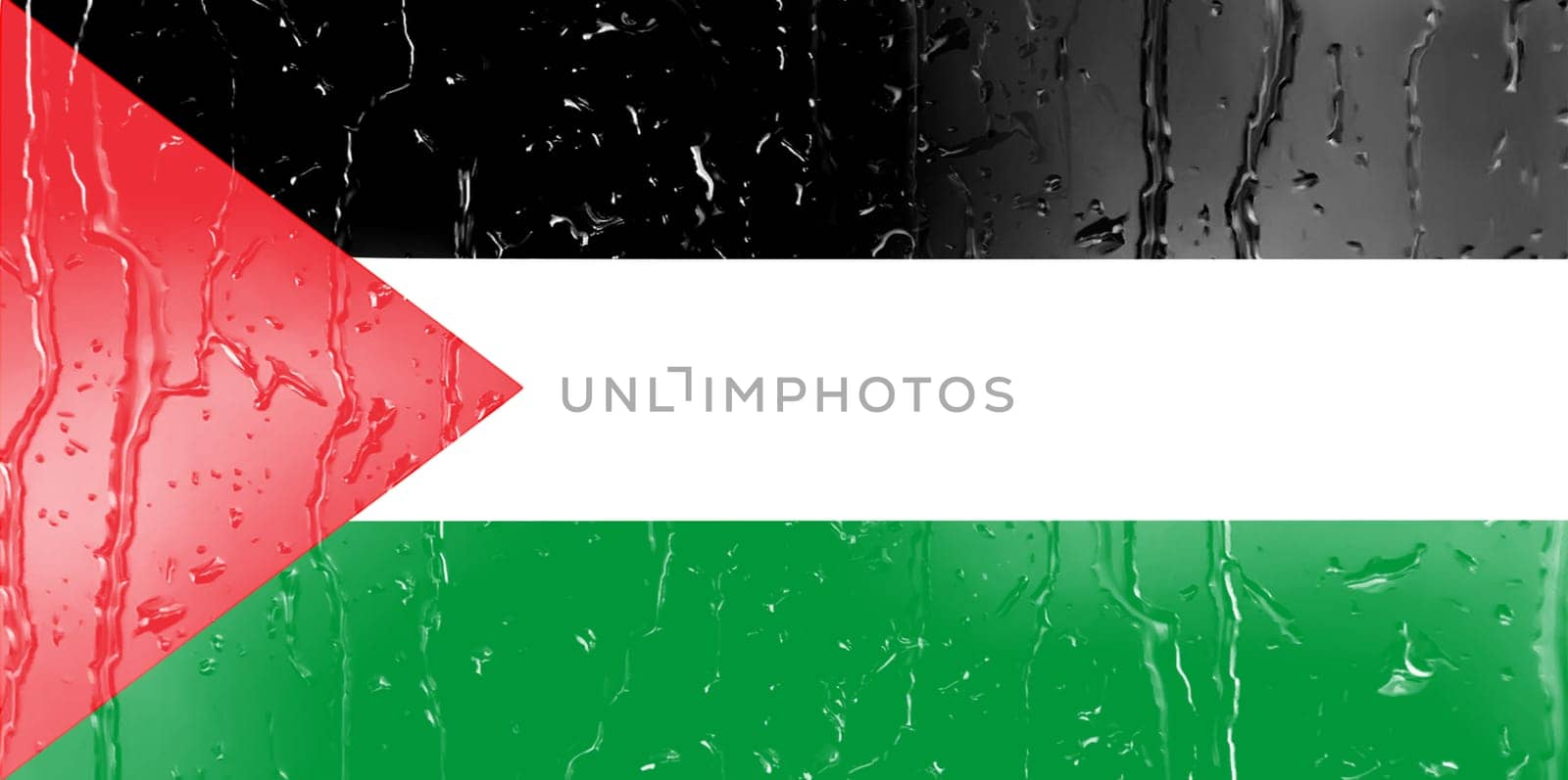 3D Flag of Palestine on a glass with water drop background.