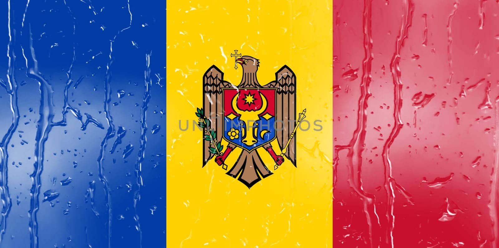 3D Flag of Moldova on a glass with water drop background.