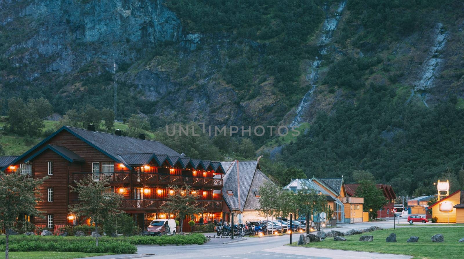 Flam, Norway. Wooden Hotel In Norwegian Countryside In Summer Night.